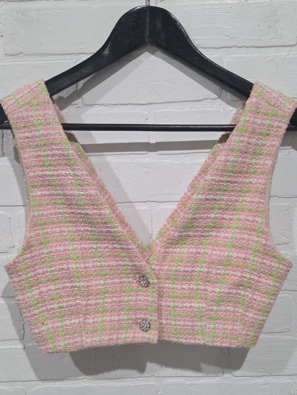 Zara Pink and Light Green Tweed Cropped V-Neck Top